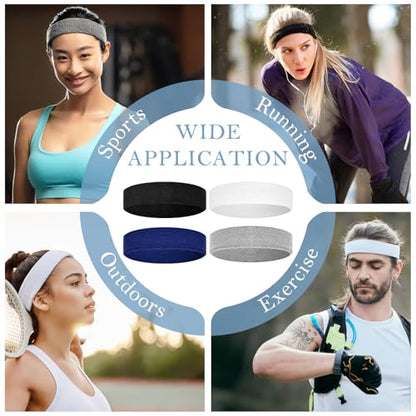 4 Pack Cotton Terry Sweat Headbands for Men Women Running Gym - color: Black/White/Gray/Blue