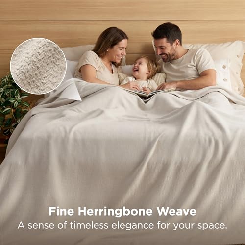 Bedsure GentleSoft 100% Cotton Large Blanket Oversized King for Bed 120x94 inches - Breathable Soft Cozy Herringbone Woven Blanket for Summer, Couch Cover, Linen Beige - color: 01 - Linen Beige, size: Oversized King
