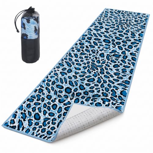 Leopard Yoga Mat Towel with Storage Bag, Non-Slip Towel 72 x 27 In (Blue) | Lightweight Travel Workout Towel, Soft, Sweat Absorbent, Quick-Drying, Ideal for Hot Yoga, Home Yoga, Pilates, Gym - color: Blue