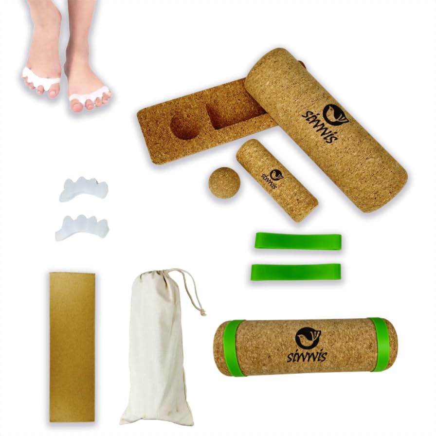 Cork half balance board balance training Set &Resistance Bands-Foot Strengthener for Enhanced Foot Function &Set of 2 Silicone gel toe separators – bunion corrector that relieves pain and realigns the big toe. &Improve foot Strengthener, Indoors Balance B