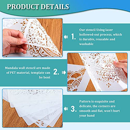 Outus 12 Pcs Mandala Stencils for Painting | Templates Flower Stencils Mandala Reusable Rectangle Stencil, for Wood Floor Drawing Craft DIY Wall Tile Furniture Decoration