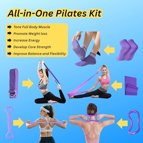 Pilates Kit for Home Workouts, 13-Pcs Pilates Essentials Kit with Ring and Ball Set, Resistance Bands, Home Pilates Equipment for Women, Starter Workout Kit for Beginners