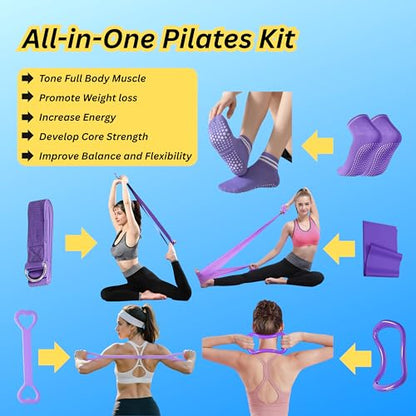 Pilates Kit for Home Workouts, 13-Pcs Pilates Essentials Kit with Ring and Ball Set, Resistance Bands, Home Pilates Equipment for Women, Starter Workout Kit for Beginners