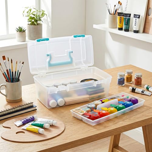 ArtBin 6937AG Essentials Lift-Out Tray Box, Portable Art & Craft Organizer with Handle and Tray, Clear/Aqua - color: Aqua Mist Latches, size: 13 x 6 x 5.625 inches