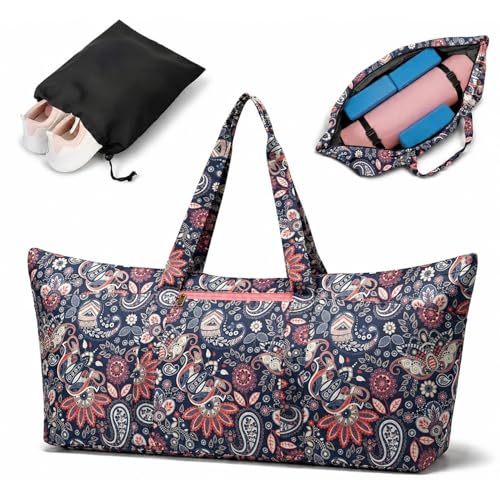 Yoga Mat Bag for Women Men Large Yoga Bag Travel | Gym Bag for Pilates Office Beach Workout, Yoga Mat Tote Carrier with Mat Strap for 1/4" 1/2" Thick Exercise Yoga Mat - color: Paisley Flowers