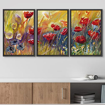 wall26 - 3 Piece Framed Canvas Wall Art - Poppies, Flowers, Modern Home Art Stretched and Framed Ready to Hang - 16"x24"x3 Black - color: Artwork - 04, size: 16" x 24" x 3 Panels BLACK