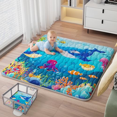 Baby Play Mat, 50x50 Thickened Playpen Mat, Waterproof & Non-Slip, Foldable Play Mat for Floor, Machine Washable Crawling Mats for Infants & Toddlers, Floor Activity and Playing & Learning, Sea World - color: Sea, size: 50" x 50"