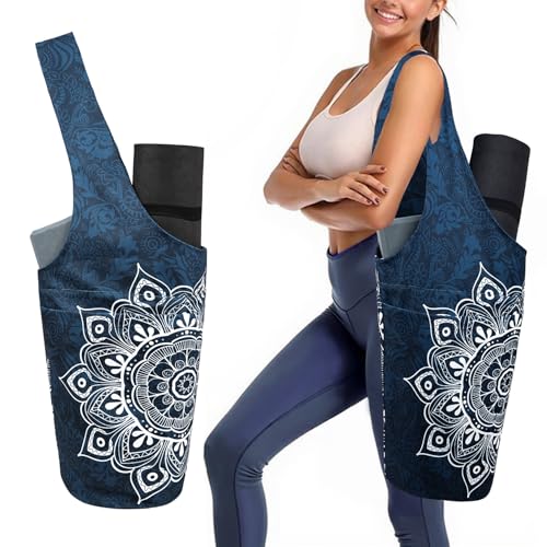 Yoga Mat Bag Carrier for Women with Side Large Pocket Durable Linen Workout Gym Travel Storage Pilates Mats - color: Mandala