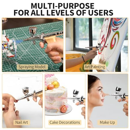 Bucasso Airbrush Kit, Air Brush Spray Gun with 0.3mm/0.5mm/0.8mm Needles/Nozzle Sets, 3cc/7cc/11cc Replaceable Fluid Cup for Painting Model Nails Cake Tattoo Makeup - color: W002-Burlywood