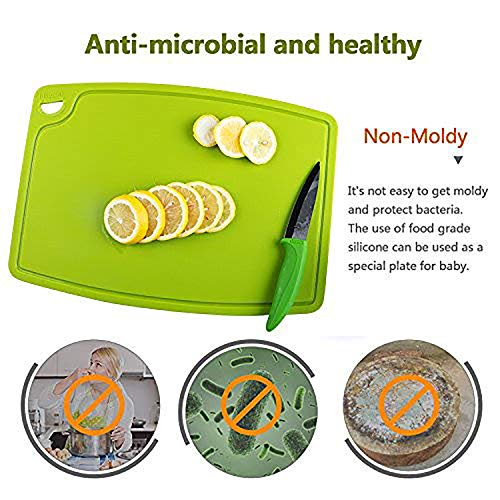 Liflicon Thick Silicone Cutting Board 12.6'' x 9.1'' Juice Grooves Easy Grip Handle Dishwasher Safe-Green - color: Green, size: 12.6"L x 9.1"W