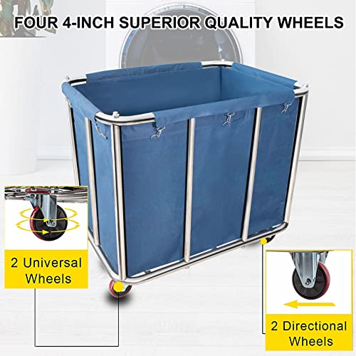 Laundry Cart Commercial,11.35 Bushel (400L) Large Industrial Rolling Laundry Hamper with 4 Inch Wheels,Home Heavy Duty Laundry Baskets with Stainless Steel Frame, 286 LBS Load，10 Support Tubes - color: Blue - 11.35 Bushels - 10 Tubes