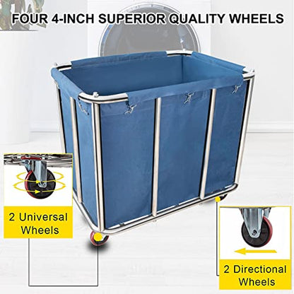 Laundry Cart Commercial,11.35 Bushel (400L) Large Industrial Rolling Laundry Hamper with 4 Inch Wheels,Home Heavy Duty Laundry Baskets with Stainless Steel Frame, 286 LBS Load，10 Support Tubes - color: Blue - 11.35 Bushels - 10 Tubes