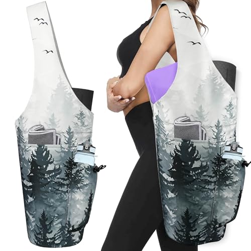 Yoga Mat Bag - Large Opening Long Tote Yoga Mat Carrier Holder Bag with Waterproof Wet Zipper Pocket and Drawstring Water Bottle Pocket - Yoga Bag Fit Most Size Mats - color: Cloud Forest