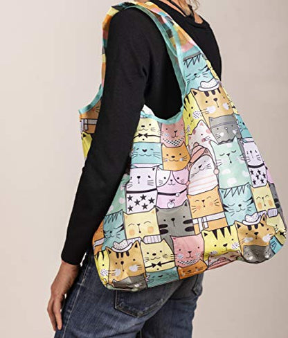 O-WITZ Reusable Grocery Bags | Vibrant Tote Bag For Groceries, Gym, Office, Beach Gear, Toys & More | Washable Design With Large Handles For Maximum Convenience | Folds Into A Small Pouch, Cat - color: Cat