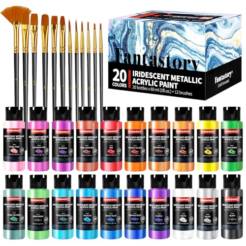 Fantastory 60ml 20 Colors Metallic Acrylic Paint Set with 12 Brushes | Professional Series, Color-Shifting, Perfect for Metal, Canvas, Rock, Stone, Ceramic, Model, Wood Painting - style: 20 Metallic Iridescent Colors