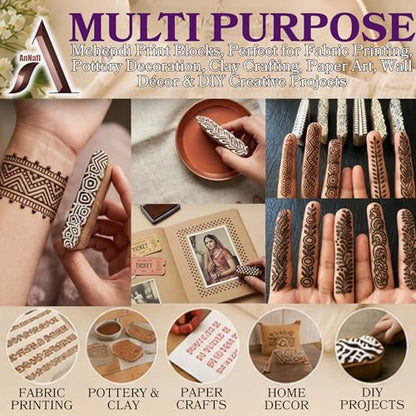 AnNafi® Mehendi Print Blocks| Border Pattern Wooden Stamps (Set of 10)| Fabric Wooden Stamps Border Pattern Printing Blocks| Designer Craft for Mehandi Textile Pottery Saree Border Canvas Painting |