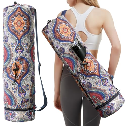 sportsnew Yoga Mat Bag with Water Bottle Pocket & Wet Pocket for Women | Yoga mat carrier fits 1/8"-3/8" yoga mats, quick-access multi-pocket organization, lightweight for gym, Pilates & studio - color: Bohemian Style, size: Medium