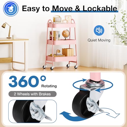 OLIXIS Metal Rolling Storage Utility Cart with Lockable Wheels 3 Tiers - color: Light Pink, size: 3-Tiered 17 inches