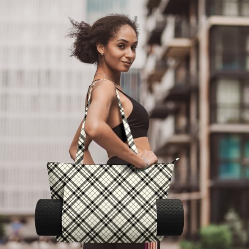 Yoga Bag for Women, Large Canvas Yoga Mat Tote Bag with Yoga Mat Carrier - color: Beige Check