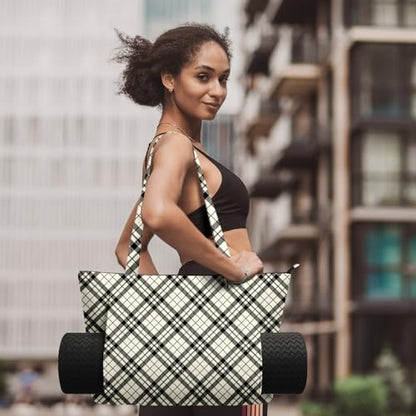 Yoga Bag for Women, Large Canvas Yoga Mat Tote Bag with Yoga Mat Carrier - color: Beige Check