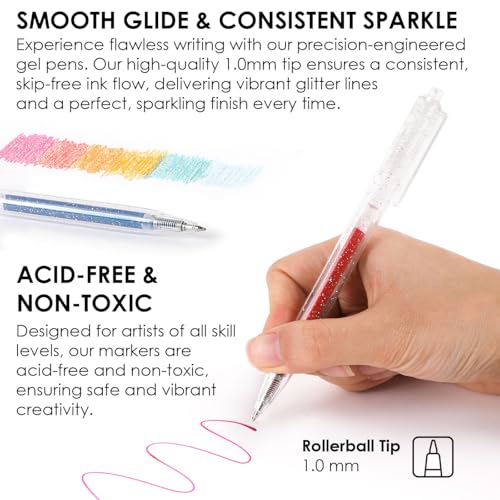 Grabie 18 Color Glitter Gel Pens, Retractable Sparkle Art Pens | Retractable Design, Smooth Gel Ink, Sparkling Finish, Acid Free Ink, Quick Drying, Coloring Books, Journaling, Drawing - color: 18 Colors Retractable Glitter Gel Ink Pens