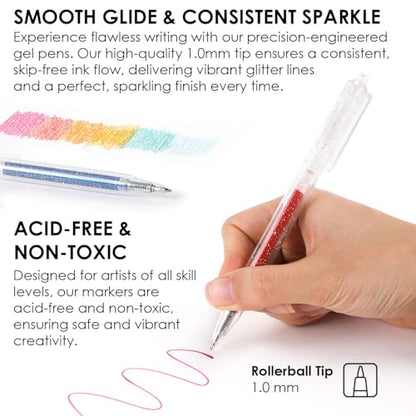 Grabie 18 Color Glitter Gel Pens, Retractable Sparkle Art Pens | Retractable Design, Smooth Gel Ink, Sparkling Finish, Acid Free Ink, Quick Drying, Coloring Books, Journaling, Drawing - color: 18 Colors Retractable Glitter Gel Ink Pens