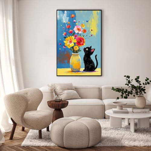 Framed Paint by Numbers Kit for Adults, Black Cat & Flowers, 8 x 12 Inch | DIY Adult Paint by Number Kit for Beginners, Floral Wall Decor, Stress Relief Craft Gift, Creative Hobby - color: TRTDOP1PF03