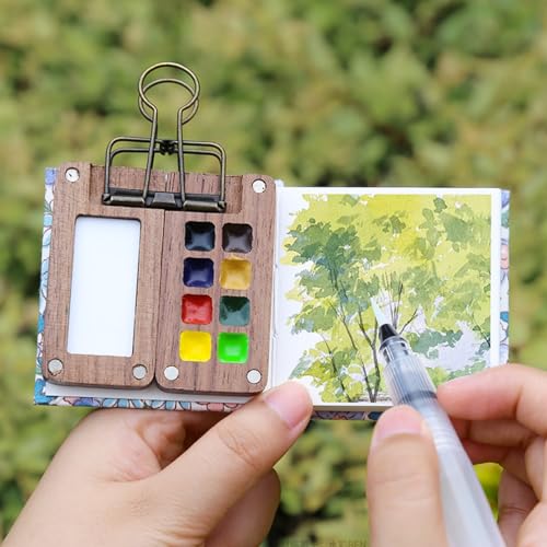 WRINGKIT Set of 2 Mini Wood Watercolor Palette, Portable, 8 Grid | Sketchbook Paint Palette with Clips, Pocket Travel Watercolor Kit, Mixing Tray Box for Artists Beginners Painters Students
