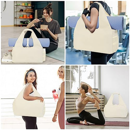 Sportsnew Tote Yoga Mat Gym Bag 20L Women W/Shoe Compartment Wet Dry Pocket | Water-Resistant Gym Tote - Mat Strap, Ventilated Shoe Bin, Wet Pocket, Padded Handle, Multi Pockets, Side Mesh & Key Clip - color: Beige
