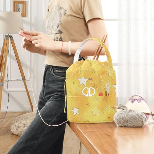 Cartoon Golden Stars and Dots Yarn Bag Small Crochet Bag Drawstring Yarn Storage Organizer Knitting Project Bags Potable Yarn Holder with Holes Handle Crocheting Needles Knitting Accessories - color: Cartoon Golden Stars and Dots