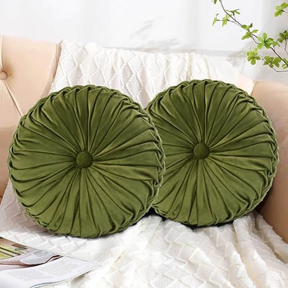 HIG Set of 2 Olive Velvet Decorative Round Pleated Throw Pillows - color: Olive
