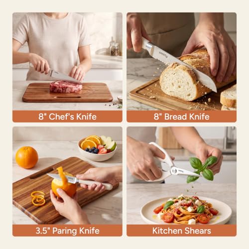 SMIRLY 15 Piece Knife Set with Block for Kitchen - Stainless Steel Knives | Heavy Duty Knife Block with Sharpener Rod, High Carbon Stainless Steel Knives, Dishwasher Safe, Ergonomic Handle