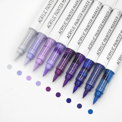 Water Based Acrylic Paint Markers, 9 Colors Paint Pen Set | Calaxy Purple Series, Soft Brush Tip, Smooth Writing, Marker Pen for Rock Painting, Egg, Wood, Glass, Mugs, Black Paper - color: Calaxy Purple