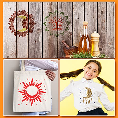 Zubebe 9 Pieces Mandala Sun and Moon Wall Stencil 11 x 11 Inches Moon Sun Flower Mandala Tile Stencils Reusable Painting Templates with Metal Open Ring for DIY Scrapbooks Wood Home Painting