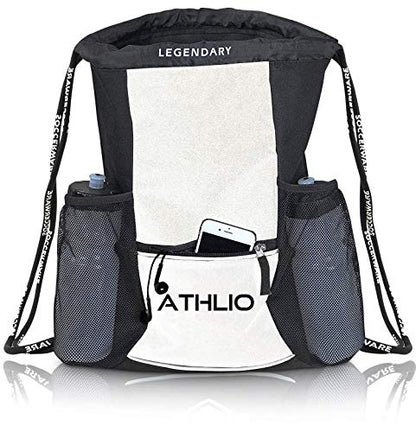 Soccerware Legendary Drawstring Gym Bag - Waterproof | For Sports & Workout Gear | XL Capacity | Heavy-Duty Sackpack Backpack - color: White/Black