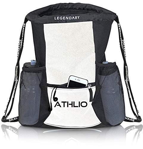 Soccerware Legendary Drawstring Gym Bag - Waterproof | For Sports & Workout Gear | XL Capacity | Heavy-Duty Sackpack Backpack - color: White/Black
