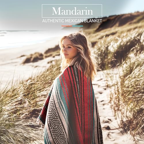 Hydration Nation Authentic Large Handwoven Mexican Blanket - Soft Yoga - Durable Serape - Lightweight Falsa, Beach, Camping, Picnic, Outdoor 70"x50" - Mandarin - color: Mandarin