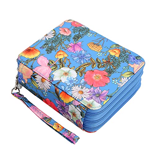 72 Slots Pencil Case Organizer w/Removal Handle Strap | 3-Layer Zipped Pencils Box Large for Colored Pencils Watercolor Pencils for Office and Travel for Artist - color: Blue+Flower