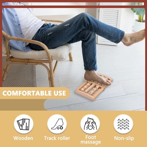 Wooden Foot Massage Roller, Wood Foot Roller for Plantar Fasciitis, Manual Physical Foot Therapy Roller Massage Tools for Feet Pain Relief Muscle Relaxation Men Women Elderly (5 Row Dual Gear)