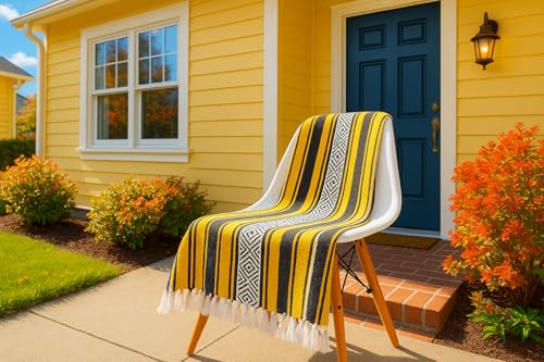 Airooglee Large Mexican Blanket - Perfect as Yoga Blanket, Outdoor Beach Serape Picnic Camping Woven Blanket, Boho Home Décor - Yellow - color: Yellow
