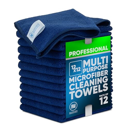 MW PRO Microfiber Cleaning Cloths Dark Blue 12 Pack, 12x12 - Commercial Janitorial Towels & Lint Free Rags - Heavy Duty for Auto Detailing, Glass Windows, Housekeeping & Screens - Washable 300+ Times - color: Dark Blue, size: 12 Count (Pack of 1)
