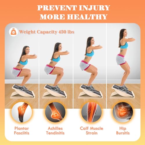 MUCITAGF 2-in-1 Professional Wooden Balance Board & Slant Board, 3 Angles | Adjustable Incline Board and Calf Stretcher, Stretch Board for Knees Ankle Heel Feet Leg, Anti-Slip, 450 lbs Capacity