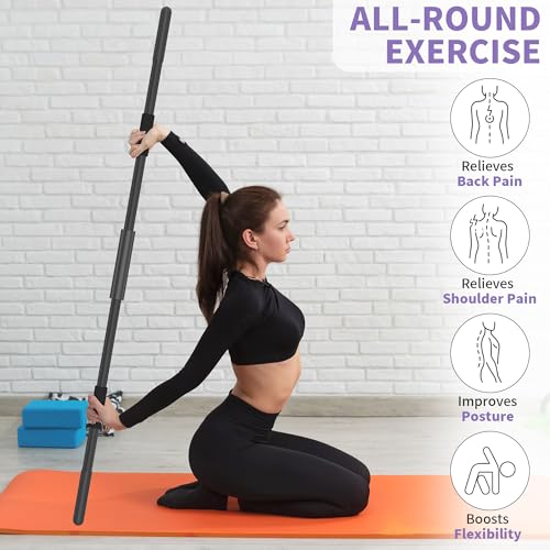 Yoga Stick 58 Inch Sturdy Alloy Steel - Adjustable Stick for Exercise, Stretching, Balance - Versatile Exercise Stick with Non-Slip Ends, Neck Cushion and Adjustable Grip Cushions