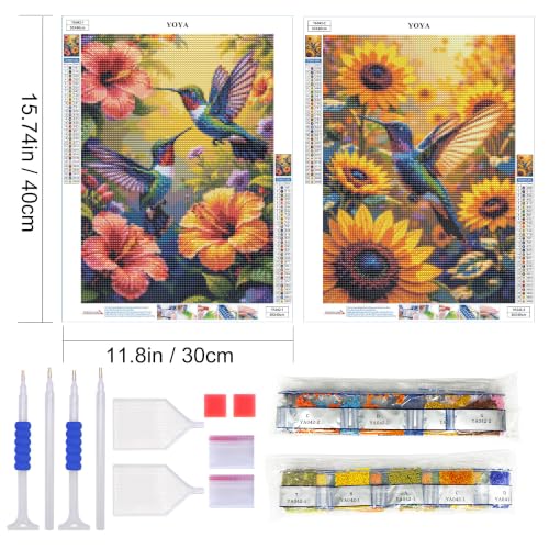 YOYA 2 Pack 5D Hummingbird Diamond Art Kits for Adults 12x16 Inch | Full Drill Diamond Painting Kits, Flowers Bird Theme, Round Drill, HD Canvas, Fun, Relax, Gem Art for Home Wall Decor, Gifts - color: Hummingbird 042
