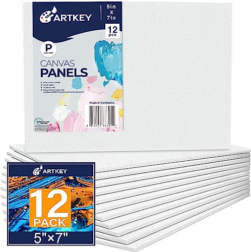 Artkey Canvas Boards 5x7 Inch 12-Pack, 10 oz Primed 100% Cotton White Blank Canvases for Painting, Art Paint Canvas Panels for Acrylic Oil Watercolor Tempera Paints - size: 5"x7", style: 12-Pack