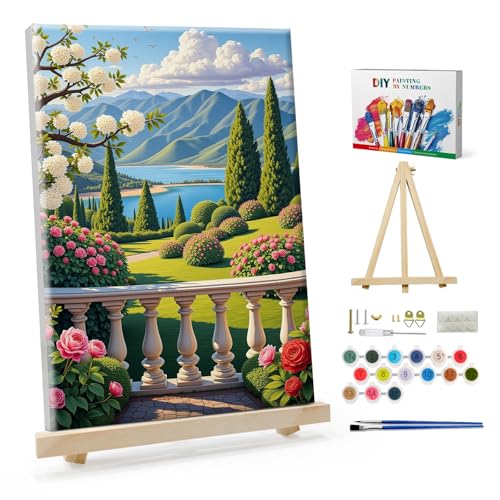 SparkGlow Landscape Paint by Number Kits for Adults with Frame, 8×12 Inch | Garden Painting by Number Kits, Include Easel, Premium Canvas, Number Painting for Gift, Home Decor, Relaxing and Fun - color: Landscape040