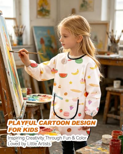 MINIQ Kids Art Smock,Waterproof Painting Apron Artist Smocks with Pocket Long Sleeves - color: Pink Kitchen Fun, size: XXL for Age 5-8