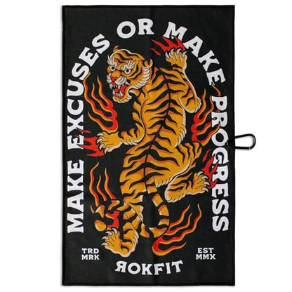 RokFit Gym & Golf Towel – Multi-Use, Quick-Dry, Durable Utility Towel with Bold Graphic and Carabiner Clip (Make Excuses Or Make Progress) - color: Make Excuses Or Make Progress