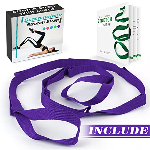 Scotamalone Stretching Strap Yoga Strap Physical Therapy for Home Workout, Exercise, Pilates and Gymnastics, 10 Loops Non-Elastic Stretch Bands with Aesthetic Packaging for Women & Men - color: purple