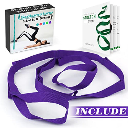 Scotamalone Stretching Strap Yoga Strap Physical Therapy for Home Workout, Exercise, Pilates and Gymnastics, 10 Loops Non-Elastic Stretch Bands with Aesthetic Packaging for Women & Men - color: purple